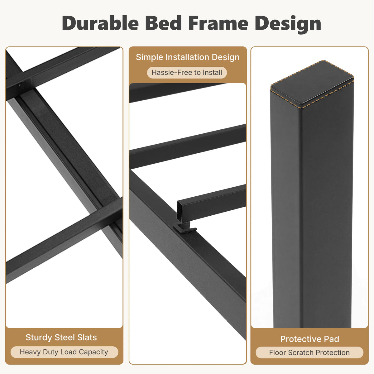 JHK Metal Bed Frame With Wood Headboard Heavy Duty Platform