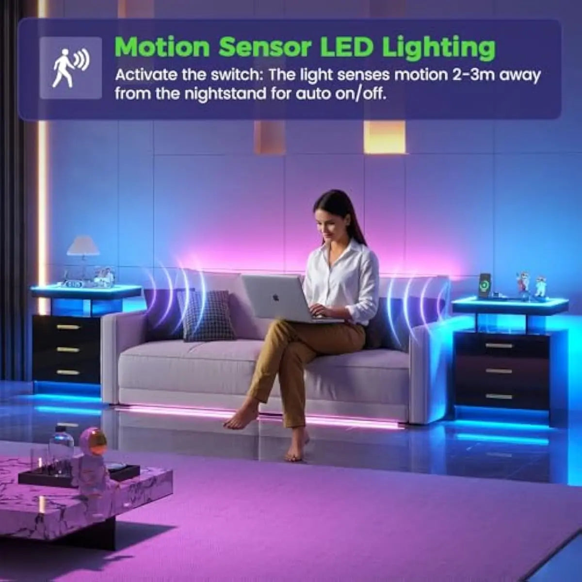 Modern Led Nightstand With Wireless Charging And Usb Ports