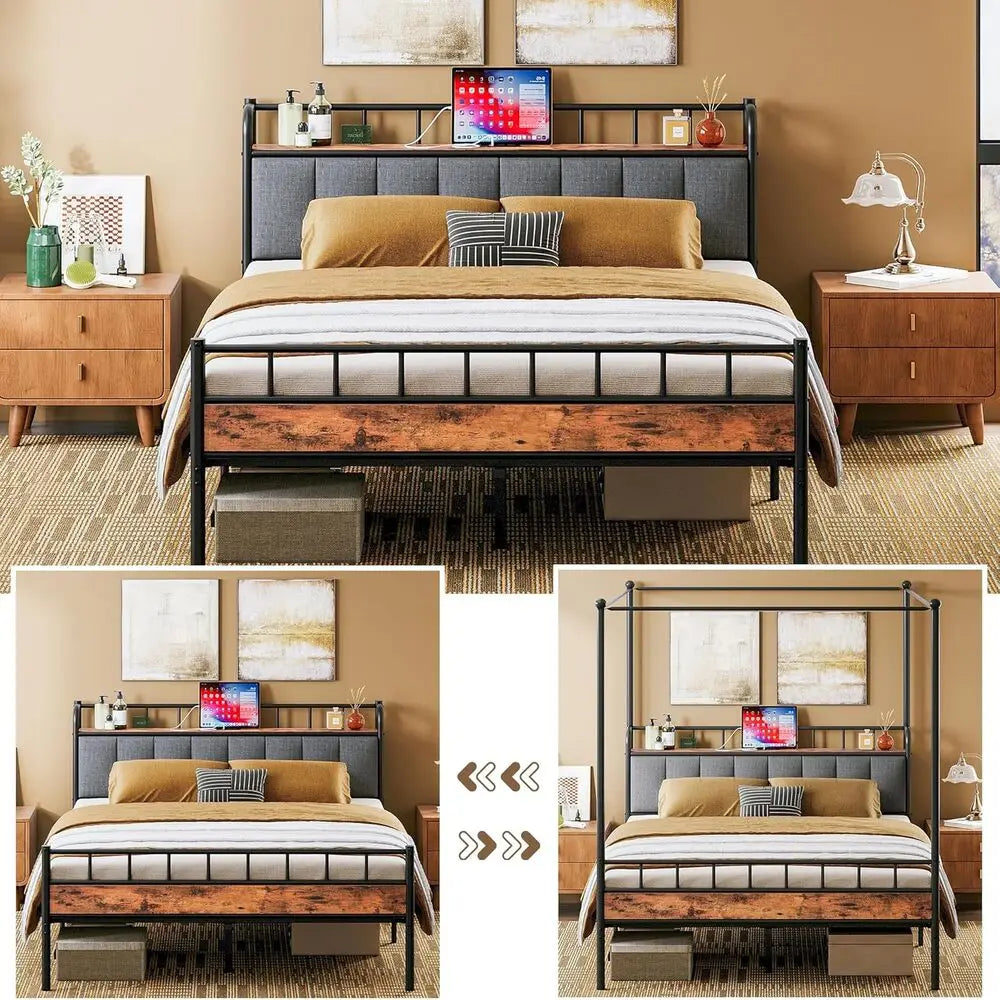 LIKIMIO Canopy Bed Frame Queen With Charging Station Headboard