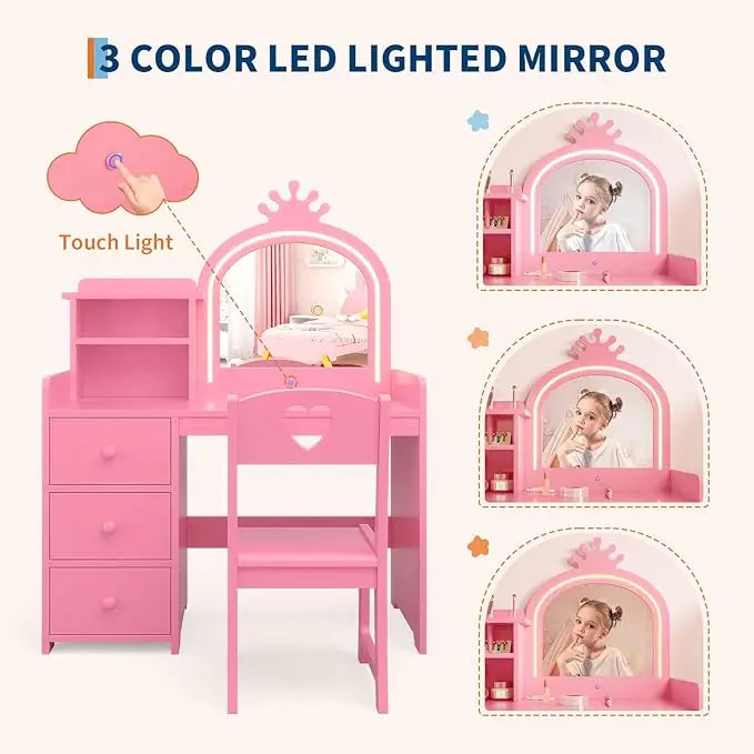 HiMISS Kids Vanity Makeup Table With Lights And Chair Set