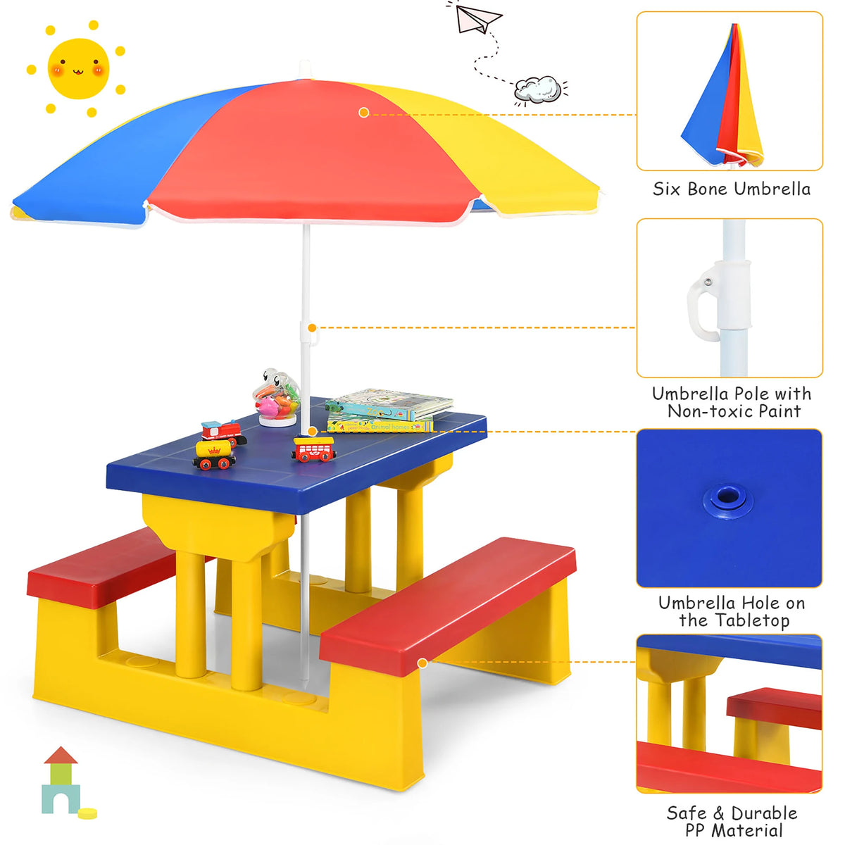 Homasis Kids Picnic Table Set With Removable Outdoor Umbrella