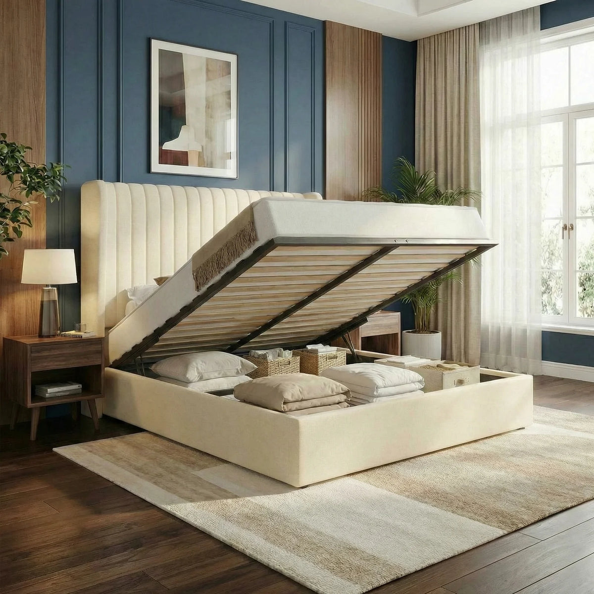 HOOMIC Upholstered Lift Up Storage Bed Frame With Hydraulic Support