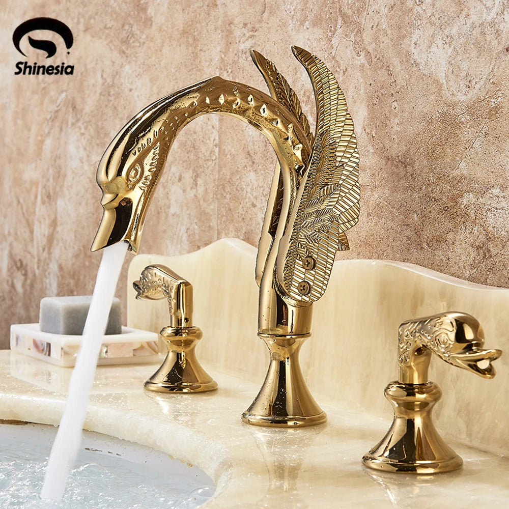 Luxury Bathroom Faucet Brass Golden Swan Shape Basin Tap Dual Handle Deck Mount Mixer Tap Sink Faucets Hot And Cold Water Mixer