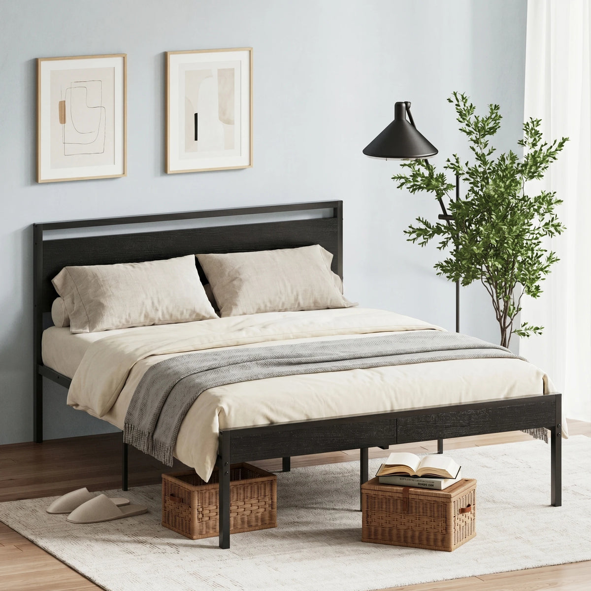 JHK Metal Bed Frame With Wood Headboard Heavy Duty Platform