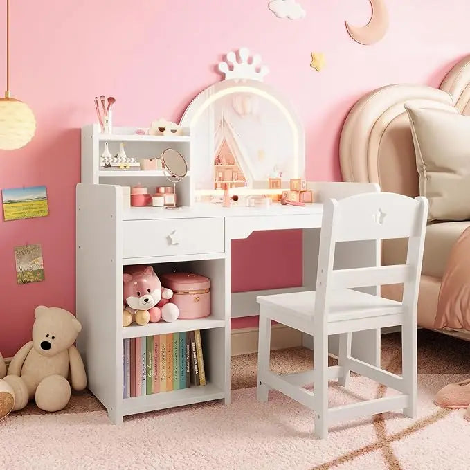 HiMISS Kids Vanity Makeup Table With Lights And Chair Set