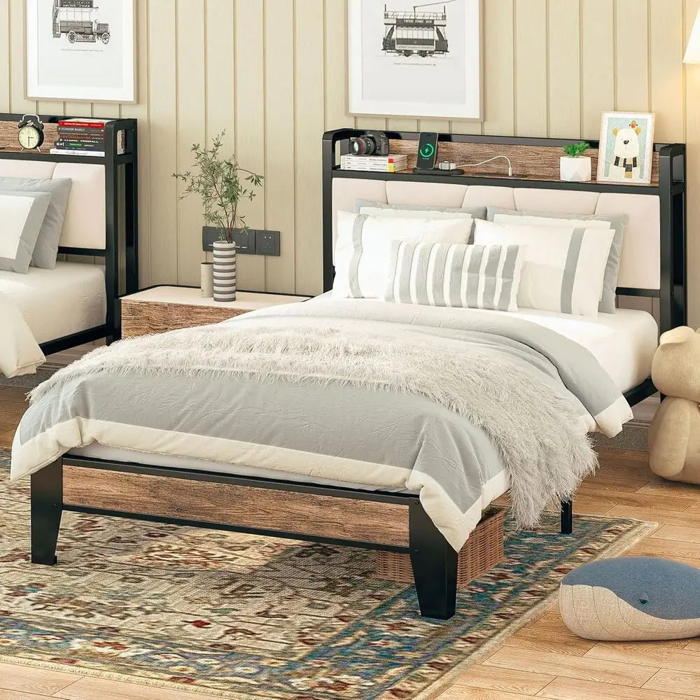 LIKIMIO Twin Bed Frame with Storage Headboard and USB Charging