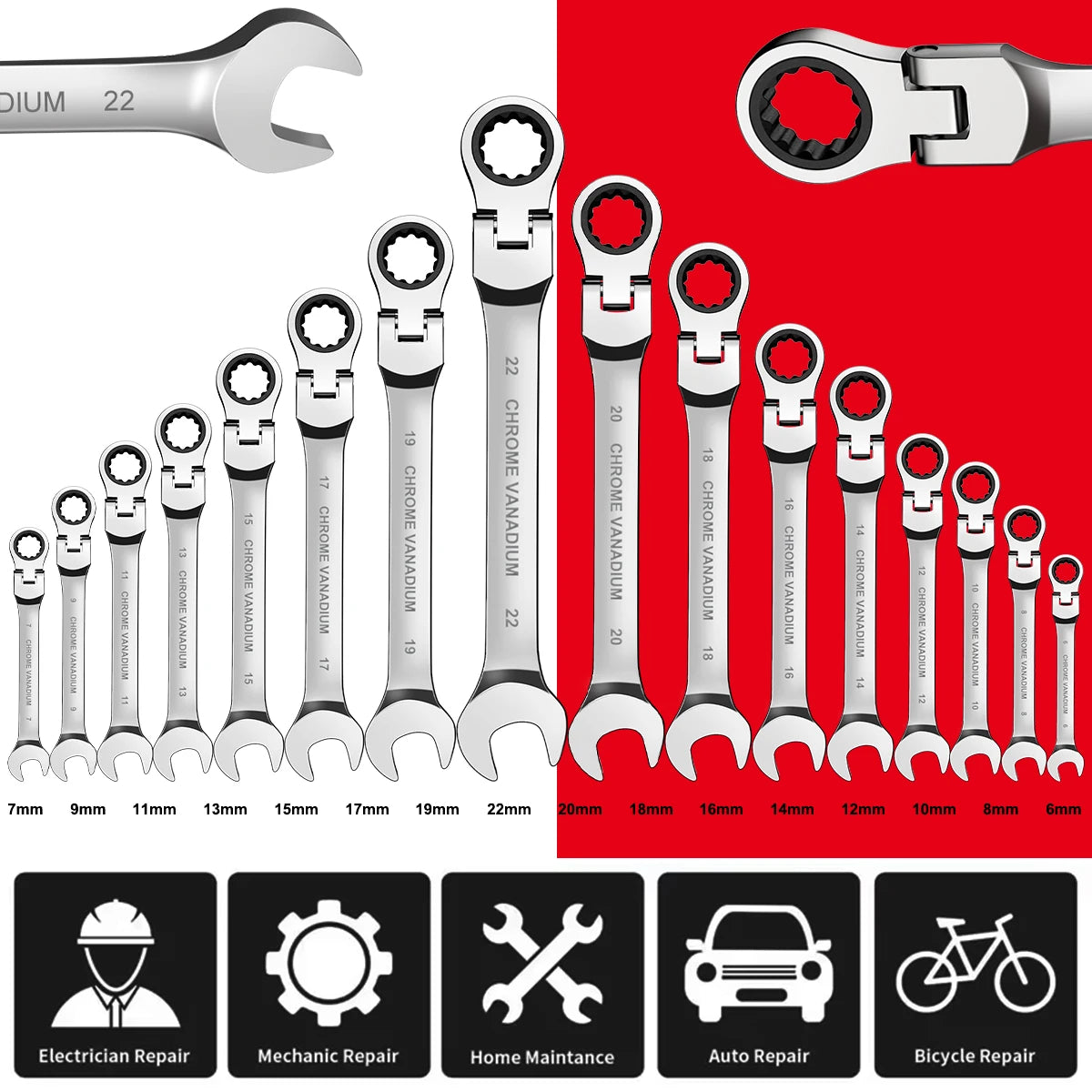 WOZOBUY Flex-Head Ratchet Wrench Set 12/14/16/17pcs Cr-V