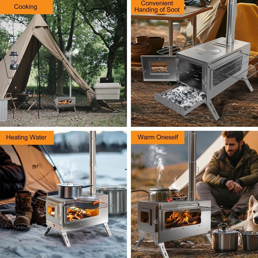 Portable Stainless Steel Tent Stove With 7 Chimney Pipes