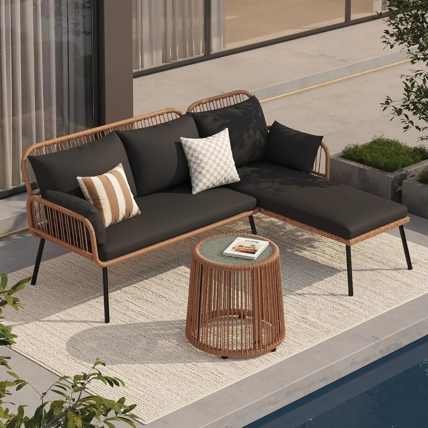 L Shaped Wicker Patio Sofa Set Conversation Couch With Cushions