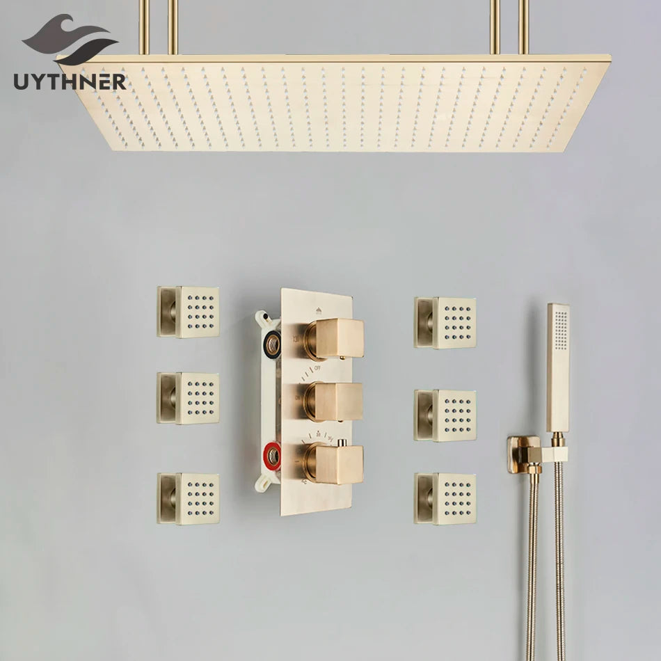 Uythner Brushed Gold Thermostatic Shower Faucet With Rainfall Head
