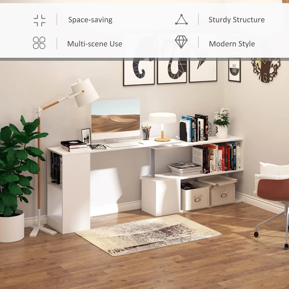 Rotating Corner Computer Desk With Three Tier Bookshelf Storage