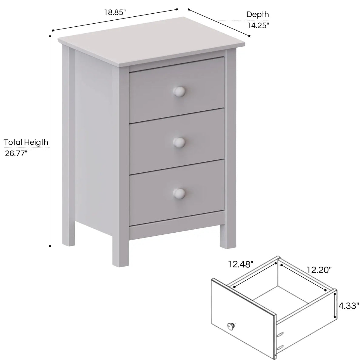 Tall Solid Pine Wood Nightstand With Three Drawers And Modern Design