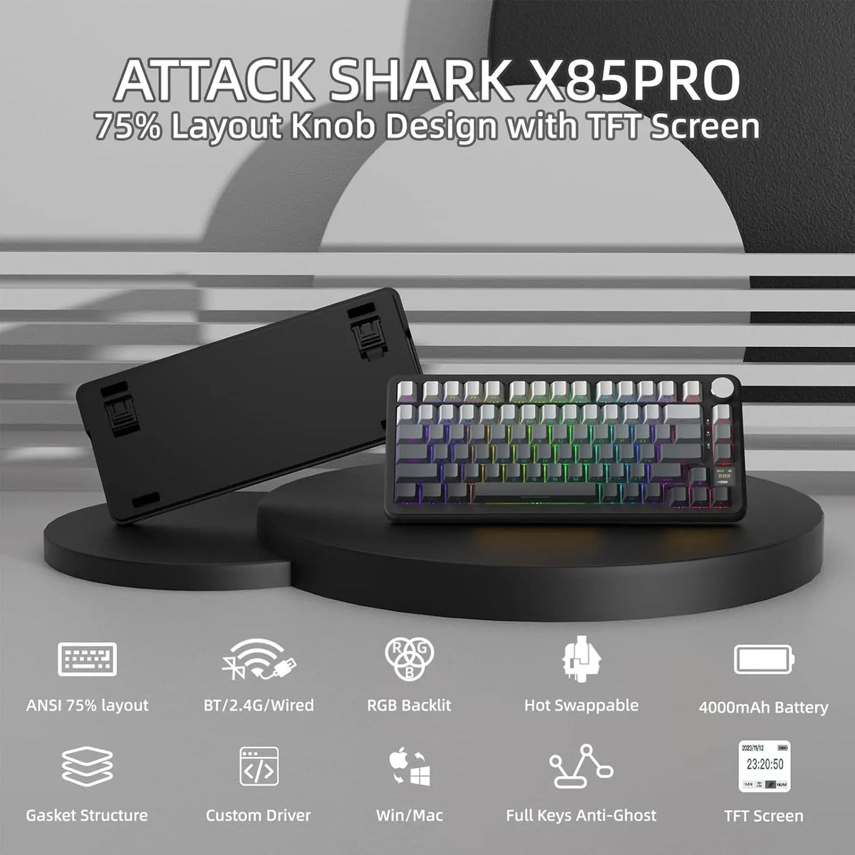 Attack Shark X85 Mechanical Keyboard Hot Swappable Gasket Screen Knob