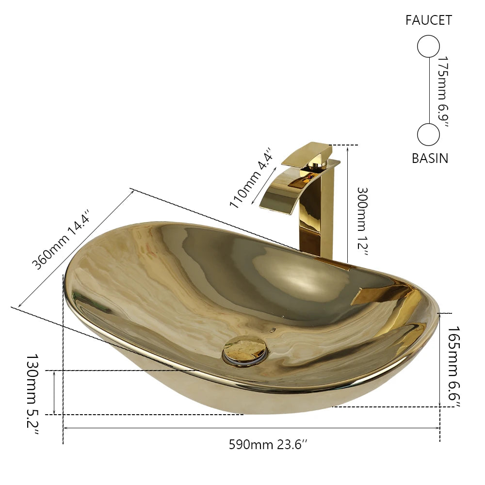 KEMAIDI Luxury Oval Ceramic Vessel Sink With Faucet Set