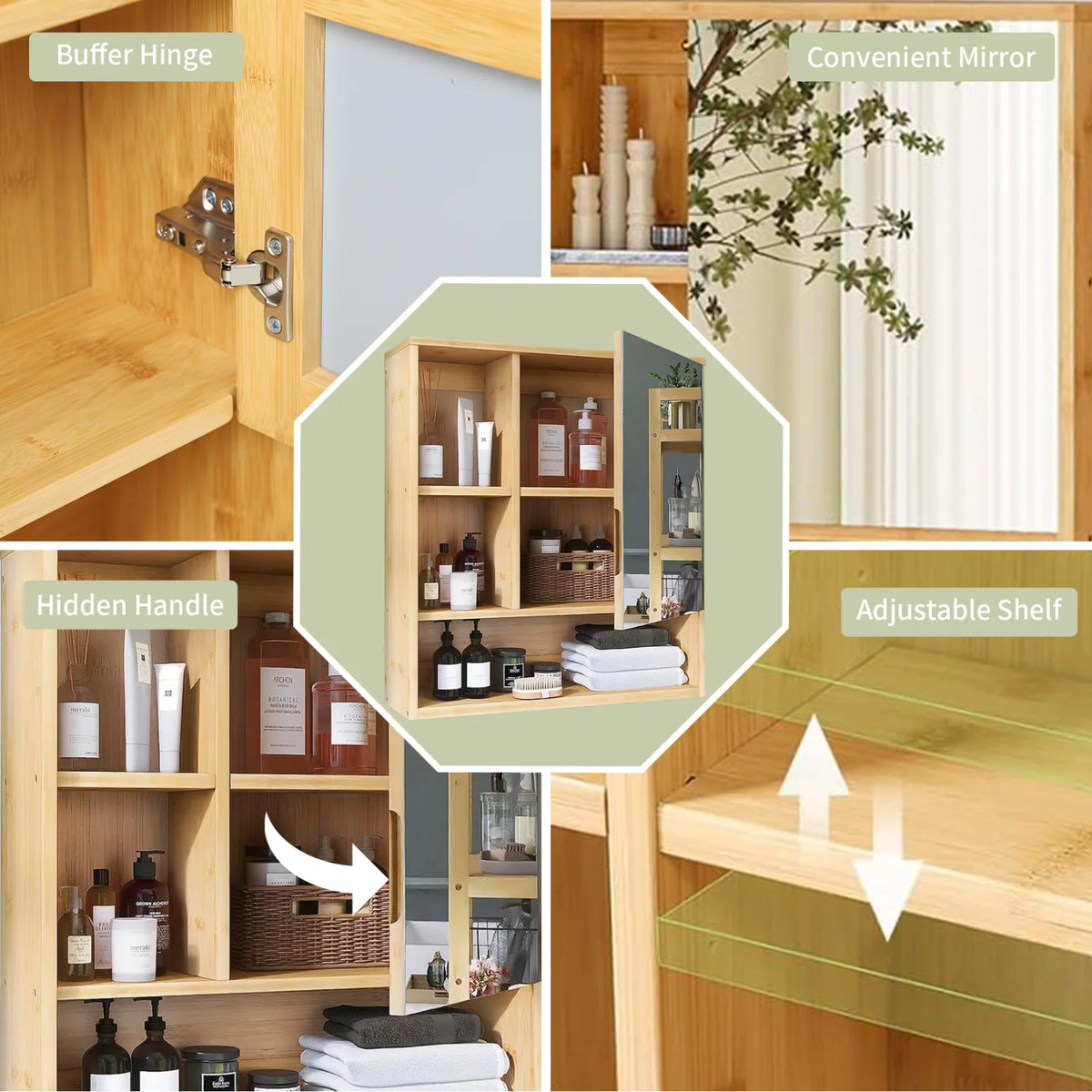 Wall Mounted Bamboo Cabinet With Adjustable Mirror Shelf