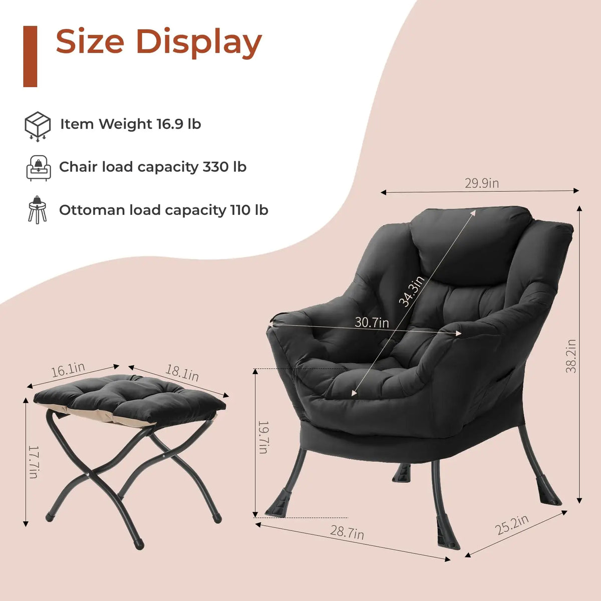Lazy Chair with Foldable Ottoman,Modern Comfy Lounge Chair,Large Sofa Armchair,Reading Chair,with Footrest,a Side Pocket,non-slip foot pads,for Bedroom,Living Room,Dorm