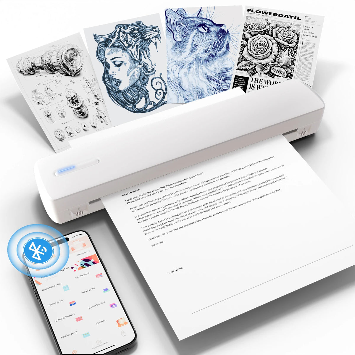 Portable A4 Thermal Bluetooth Wireless Printer 203dpi Photos PDF Document Printing Machine For Office Work Home School Travel