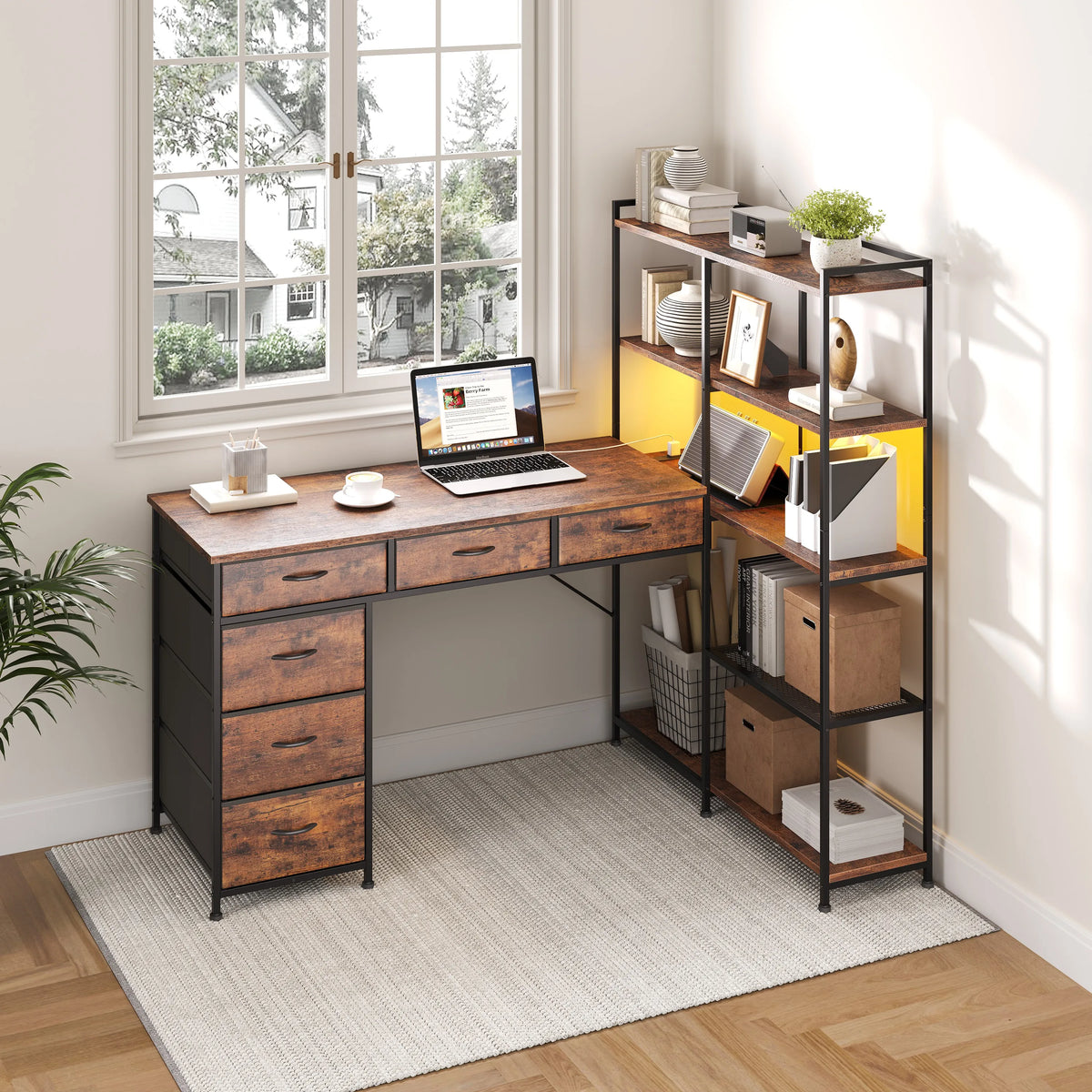 SUNVASAGOO L Shaped Gaming Desk With Power Outlets And Storage