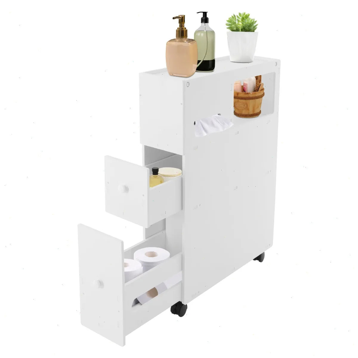 Bymaocar Narrow PVC Bathroom Storage Cabinet With Brakes