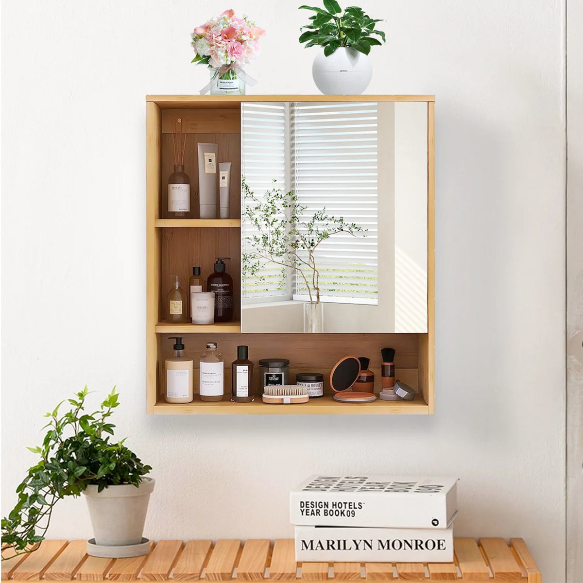 Wall Mounted Bamboo Cabinet With Adjustable Mirror Shelf