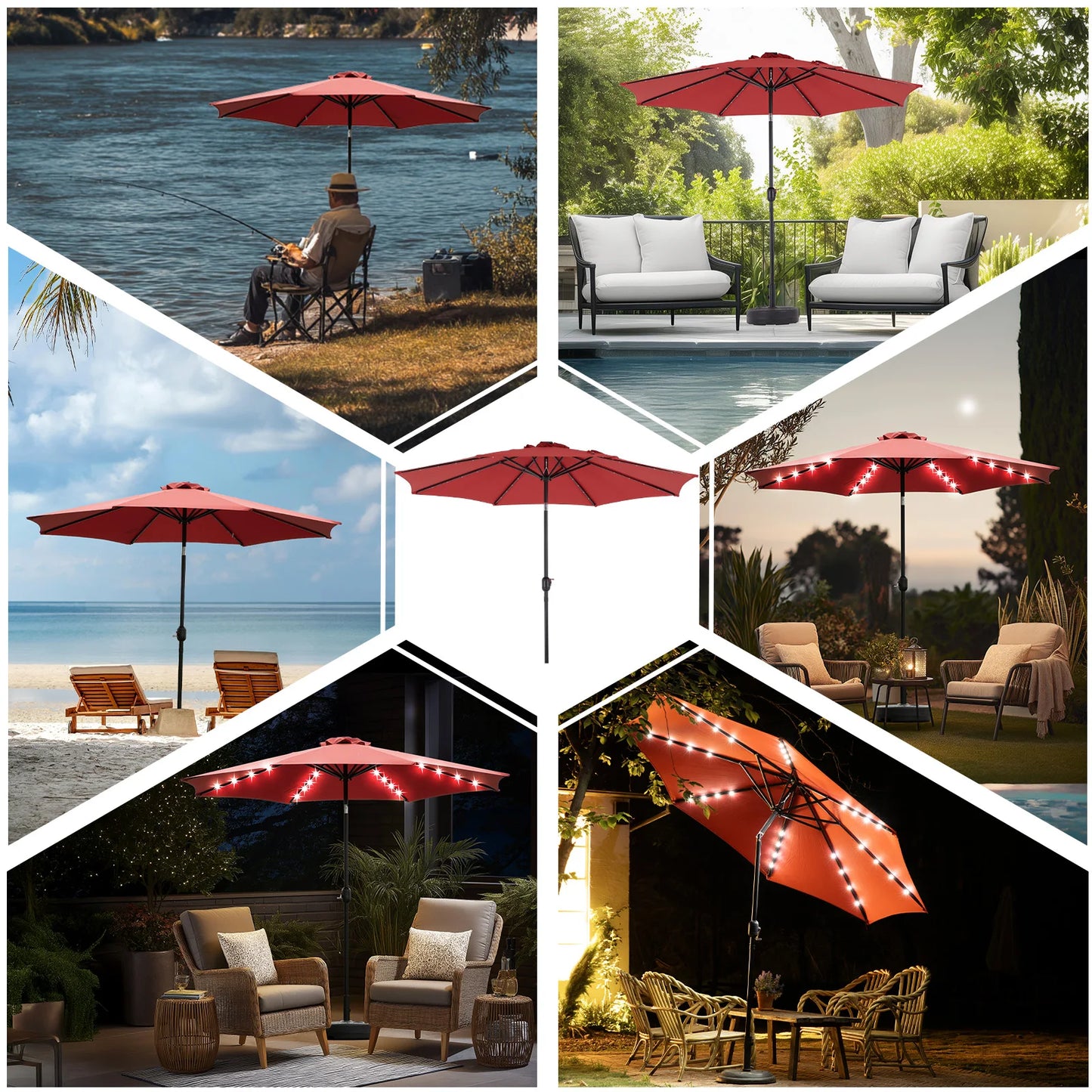 JHK Solar Patio Umbrella With 32 LED Lights Tilt Crank