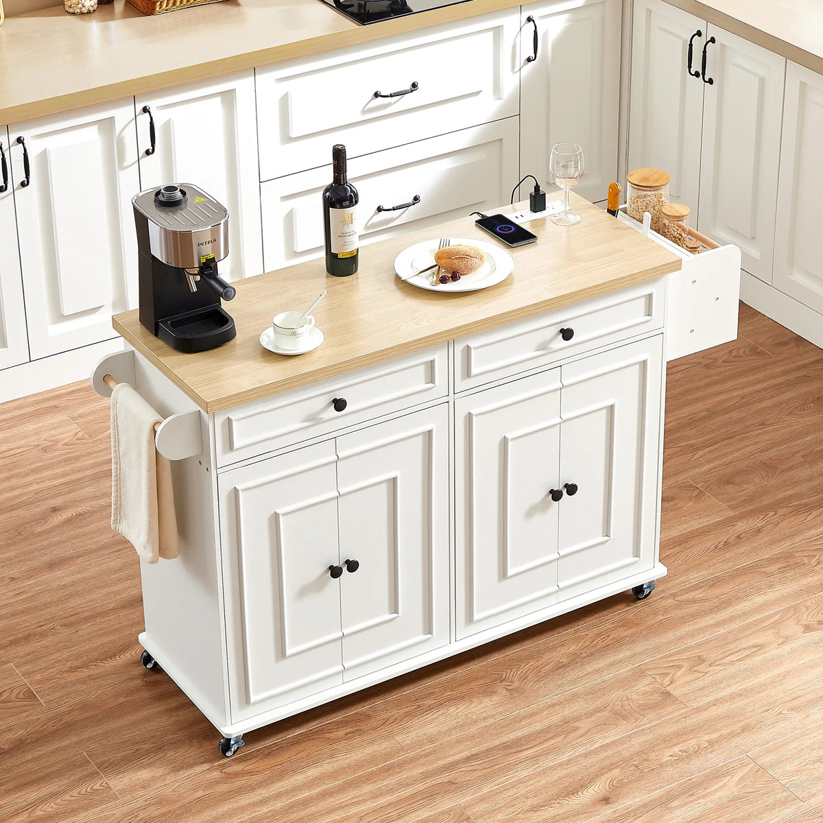 Wooden Rolling Kitchen Cart With Drop Leaf And Storage Rack