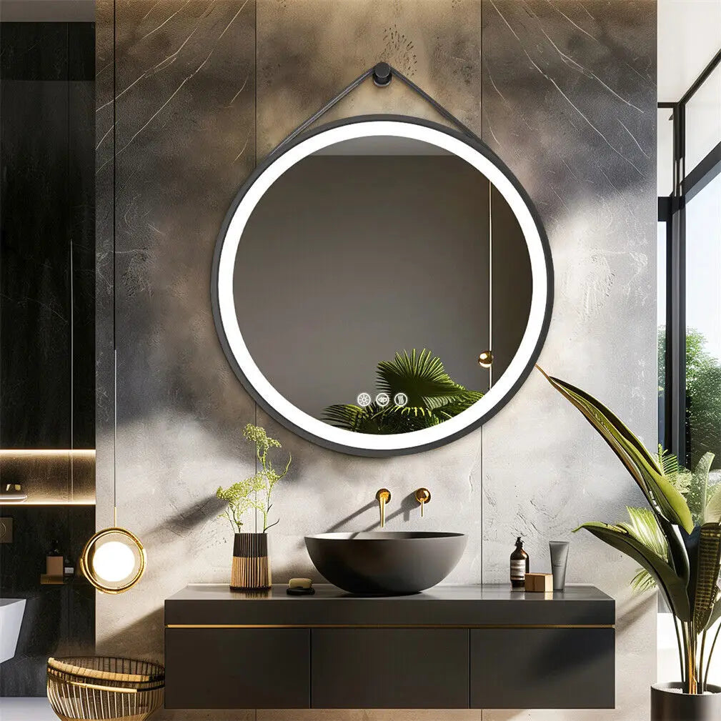 BORWART Round LED Bathroom Mirror Anti Fog Dimmable Leather Strap