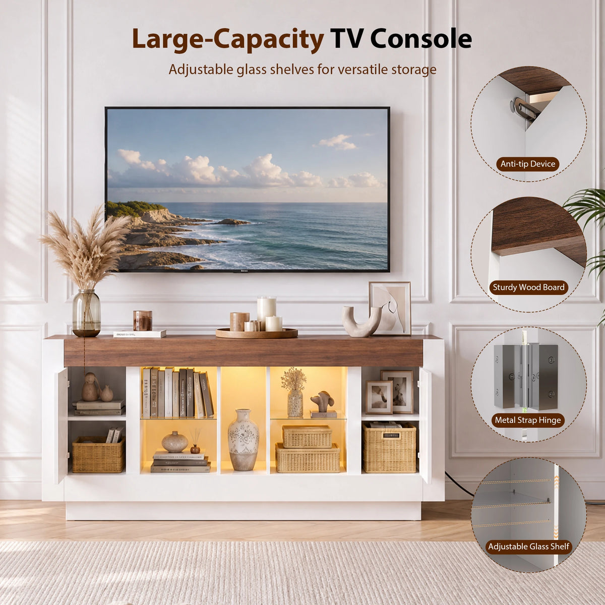 TCGBKAF Modern Farmhouse TV Stand Wooden Media Console LED Lights