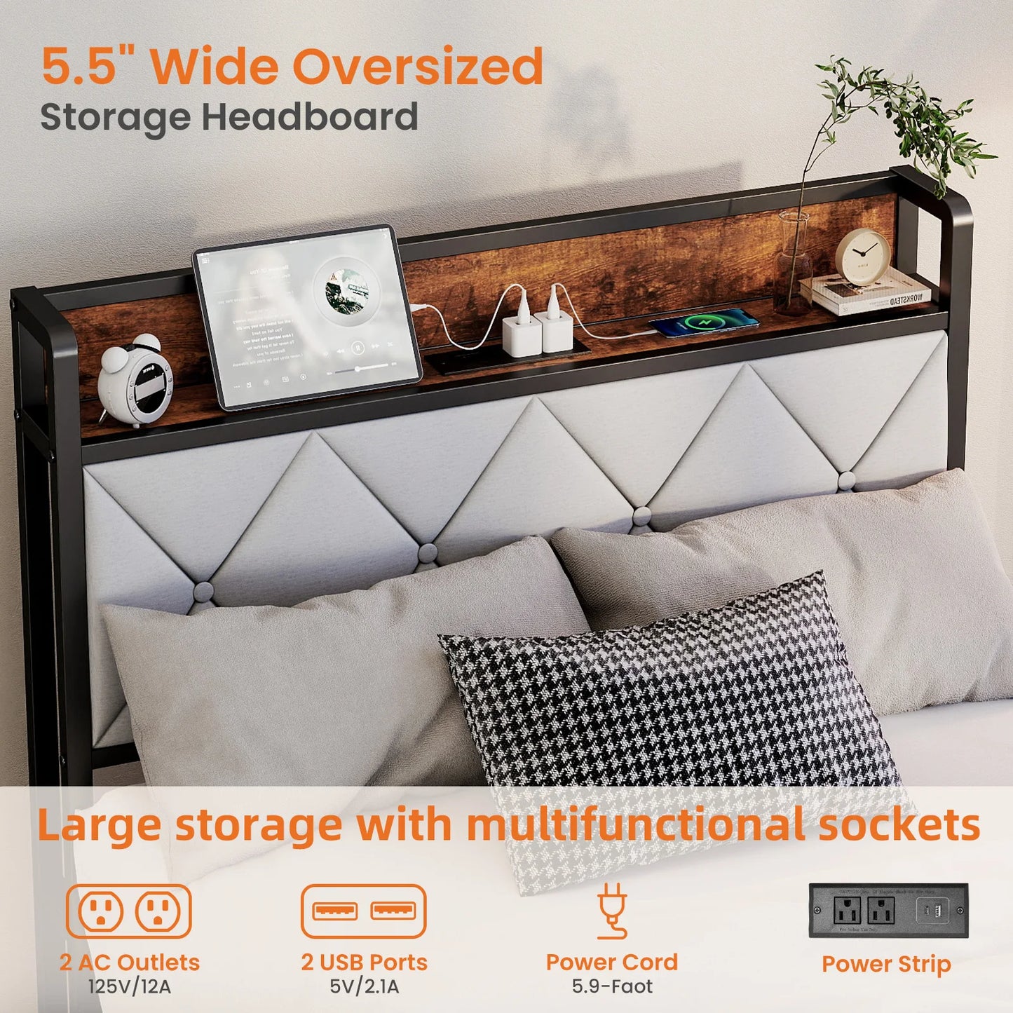 MCQ Metal Bed Frame With Storage Headboard And USB Charging