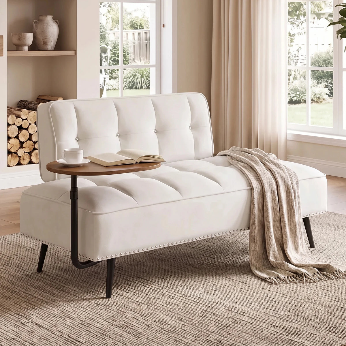 Modern Armless Velvet Sofa With Integrated Rotating Side Table