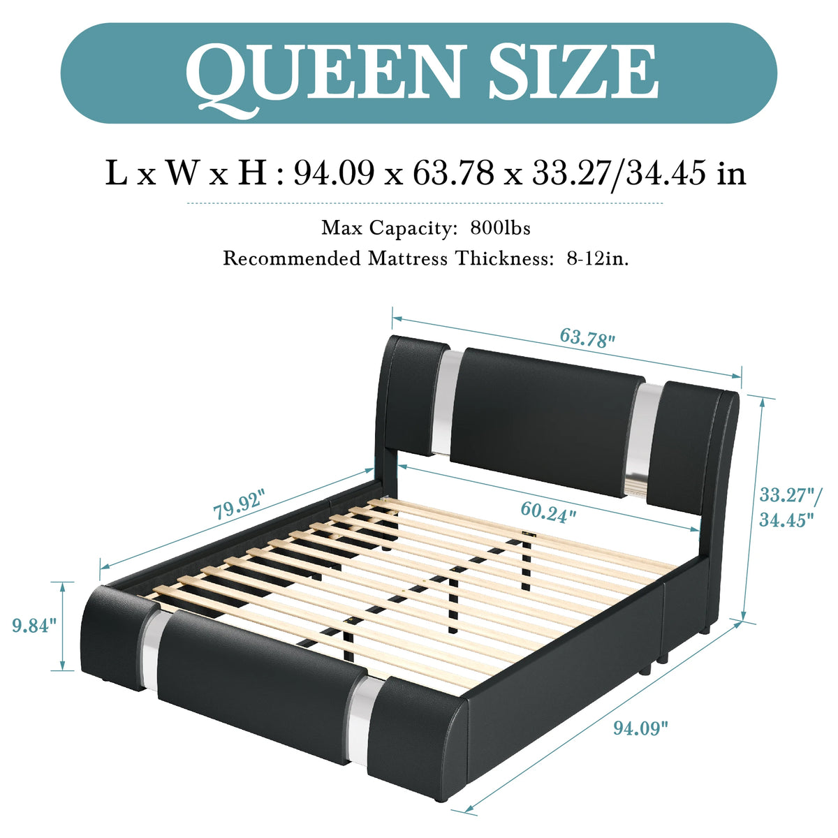Hoomic Modern Faux Leather Platform Bed Frame With Adjustable Headboard