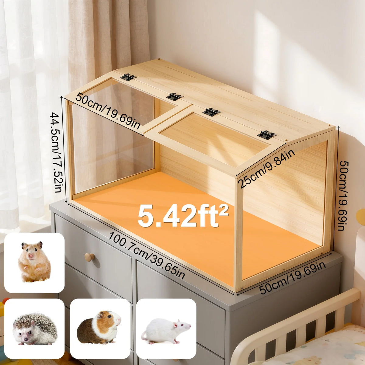 Wooden Chewproof Hamster Cage with Tempered Glass and LED Lighting