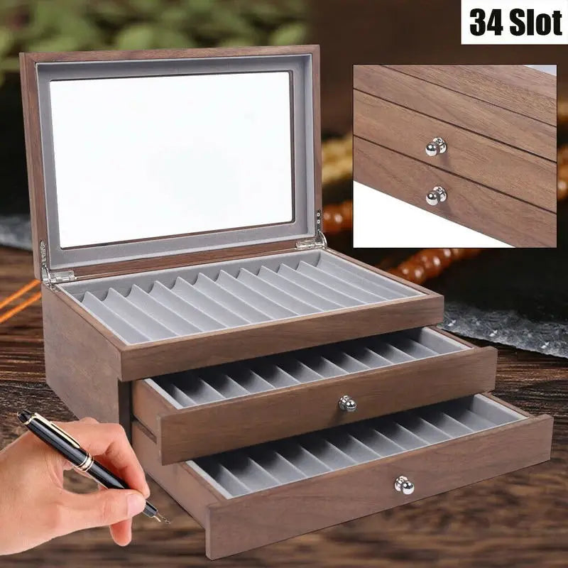 Walnut Wood 34 Slot Pen Storage Case With Drawer Display