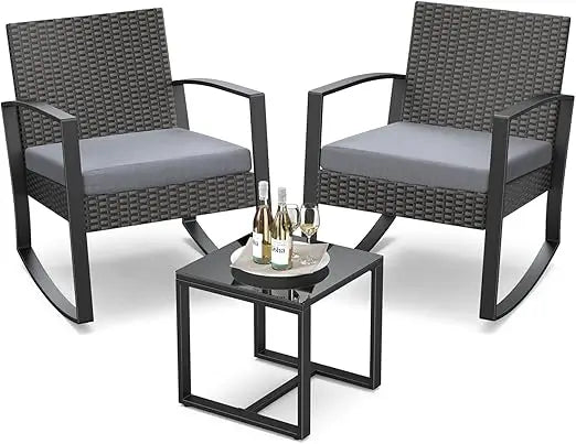 Outdoor Rattan Rocking Bistro Set With Coffee Table