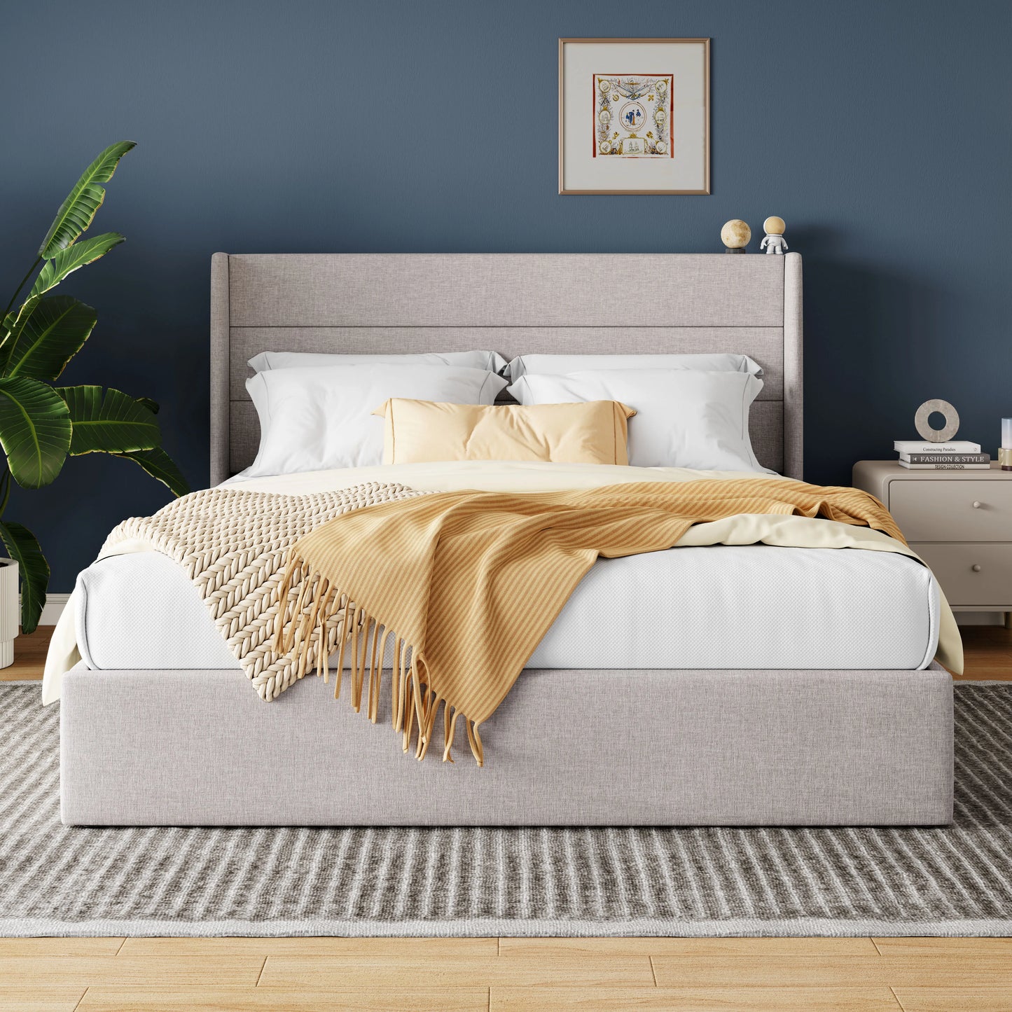 HOOMIC Lift Up Storage Bed With Wingback Headboard And Hydraulic Lift
