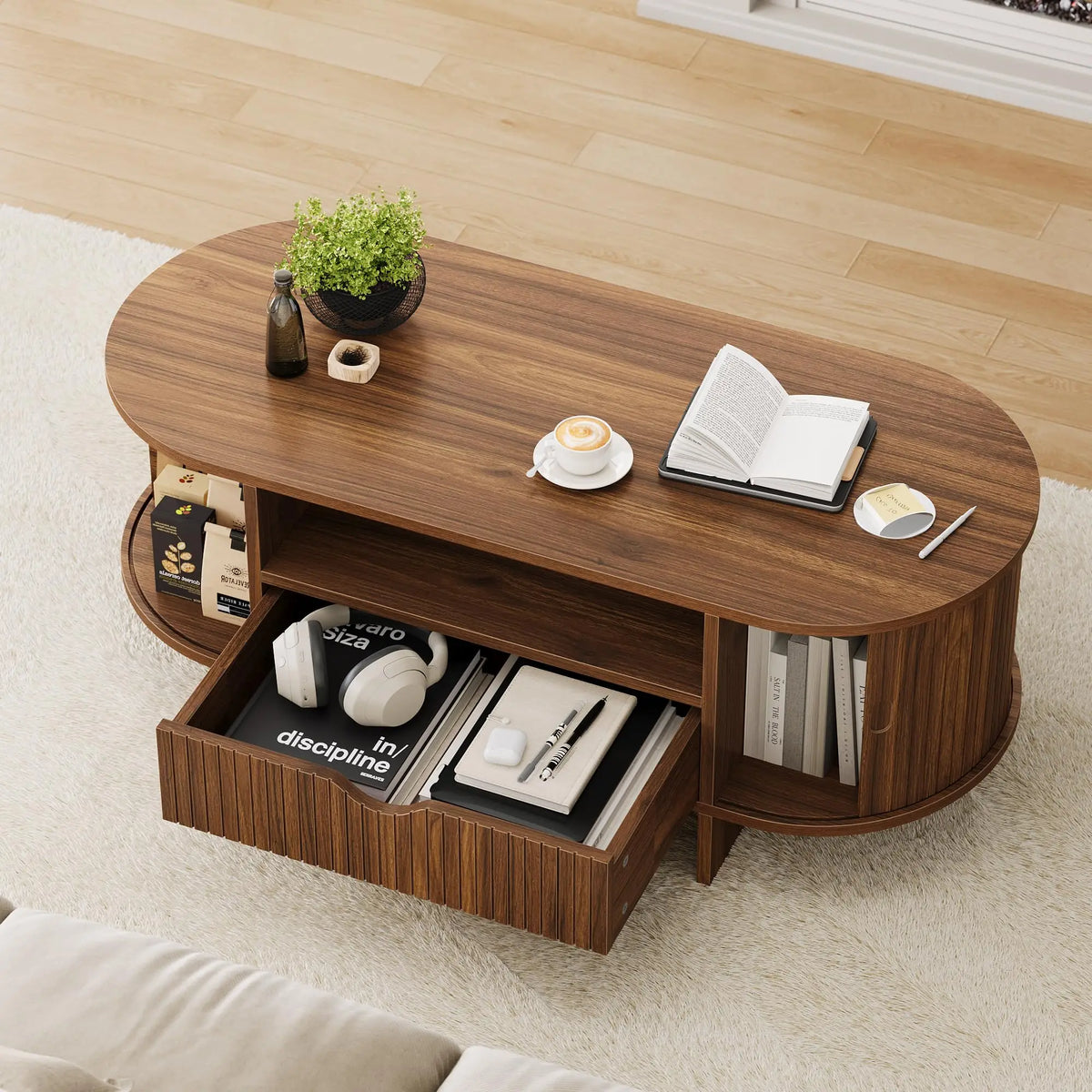 HiMiss Oval Wooden Coffee Table With Storage Drawer Fluted Design