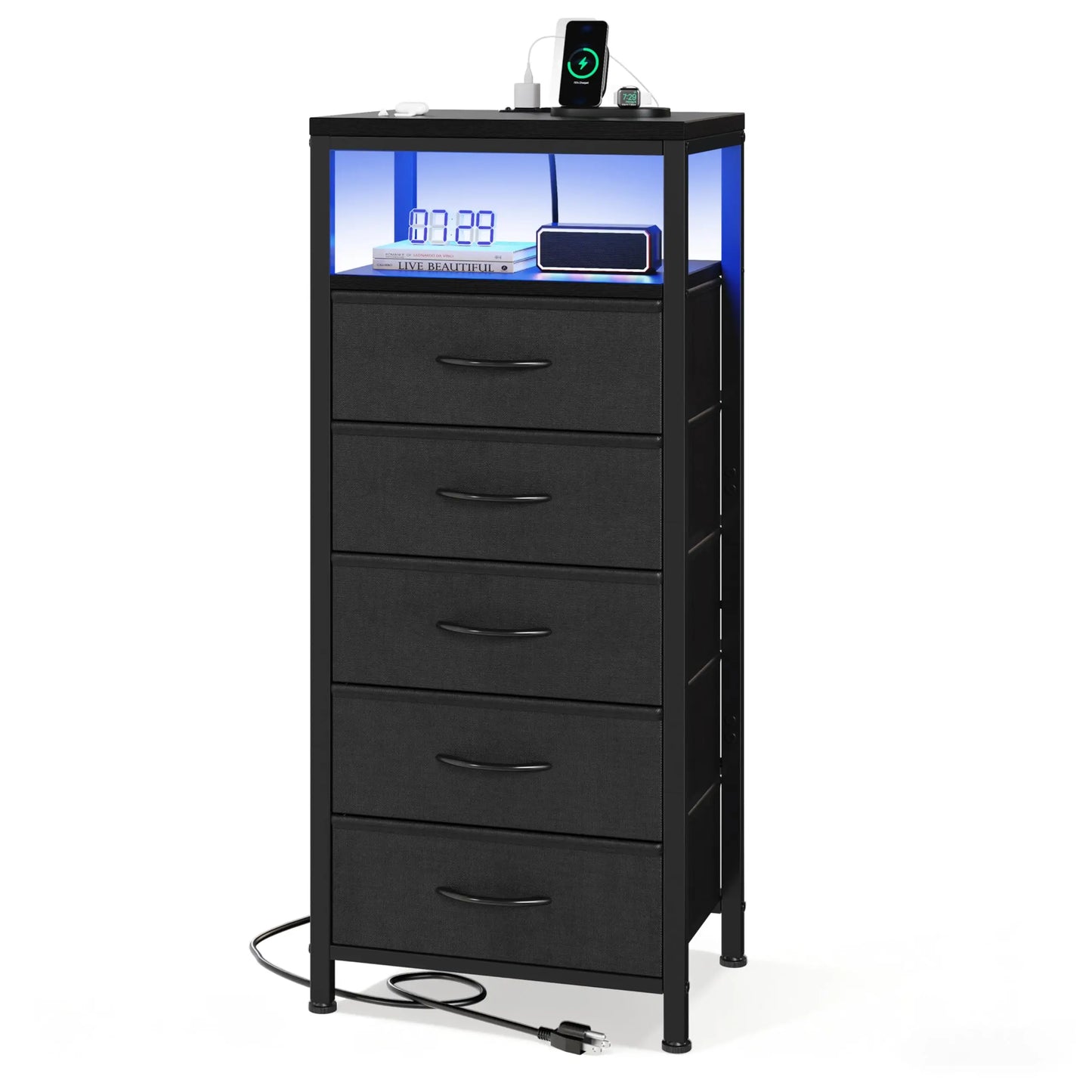 JHK Five Drawer Dresser With Nightstand Charging Station And Outlets