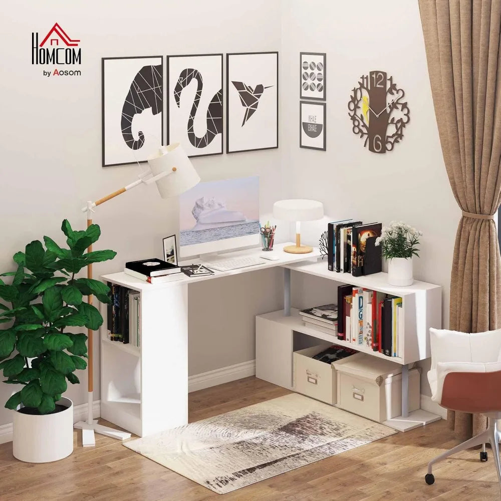 Rotating Corner Computer Desk With Three Tier Bookshelf Storage