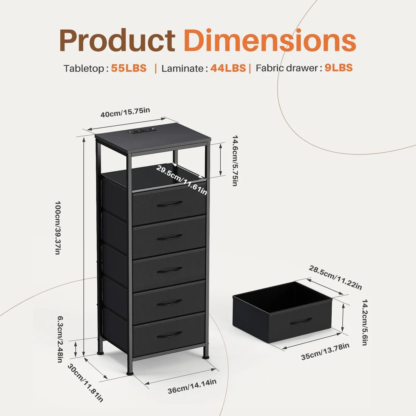 JHK Five Drawer Dresser With Nightstand Charging Station And Outlets