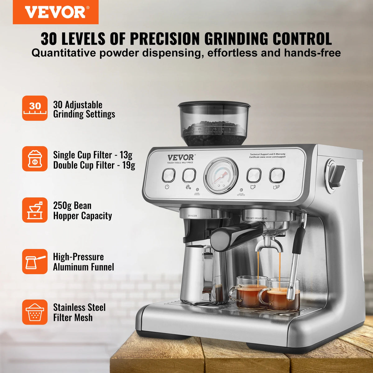 VEVOR Espresso Machine With Grinder And Milk Frother Steam Wand
