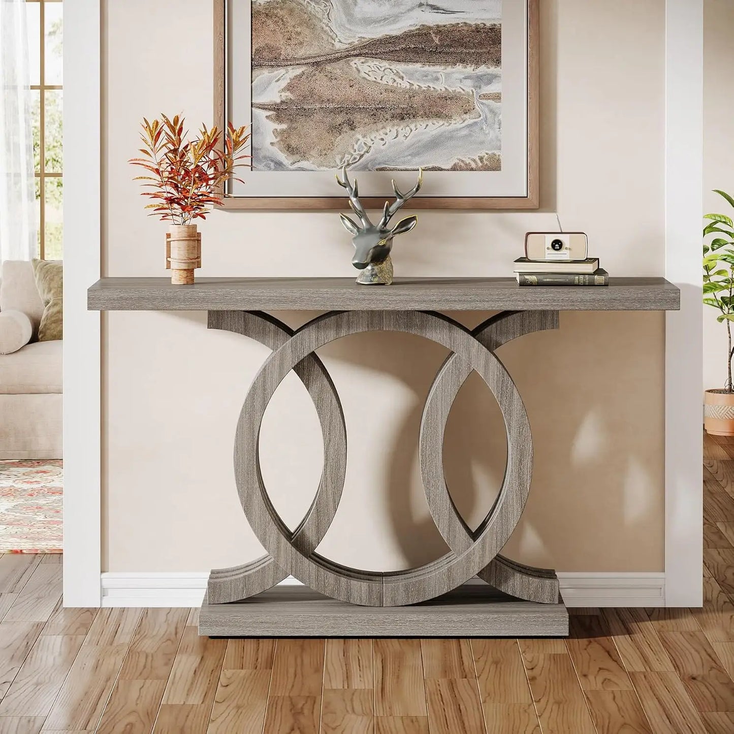 LITTLE TREE Geometric Wood Base Console Table For Entryway