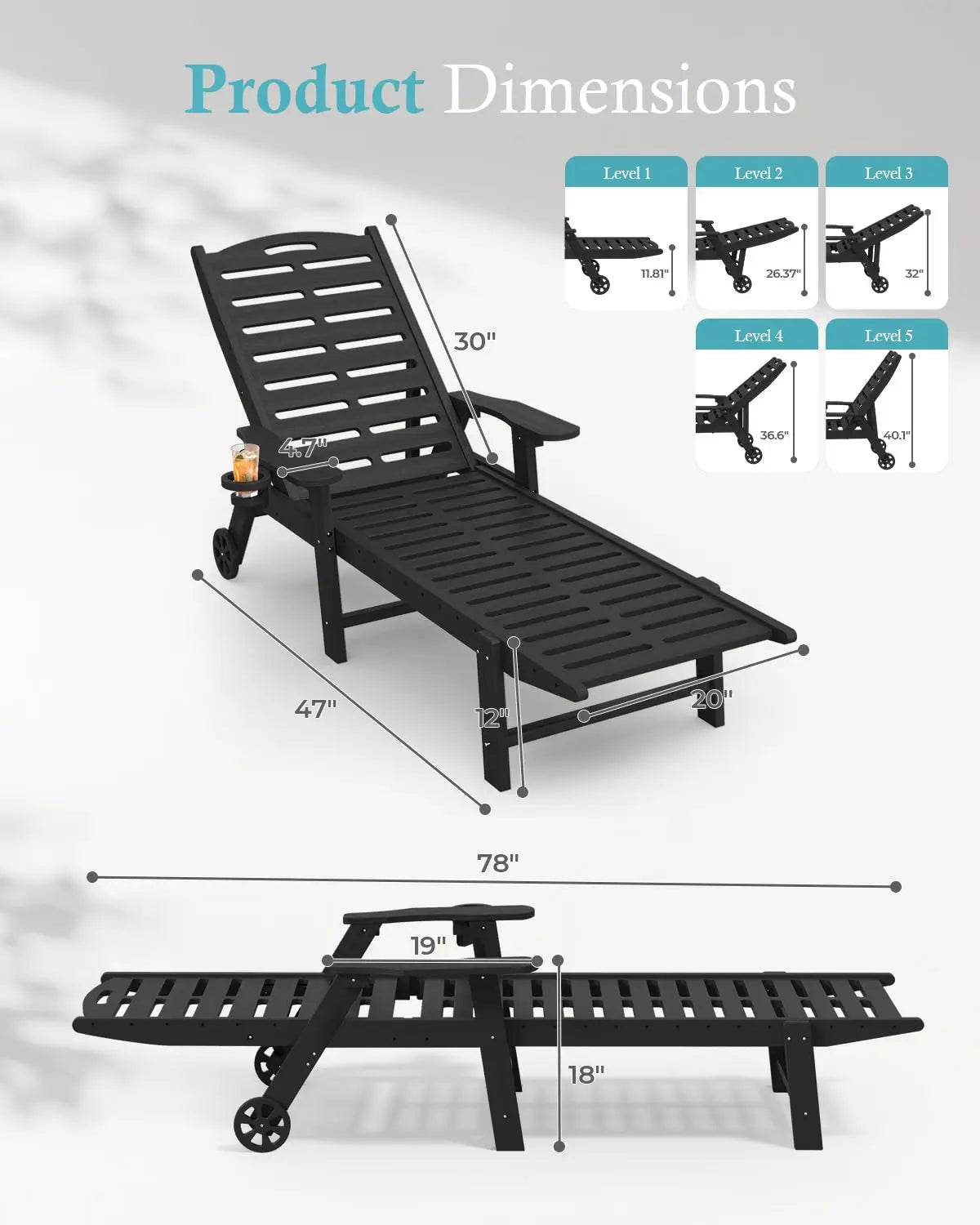 Heavy Duty Adjustable HDPE Sun Lounger Chairs With Wheels