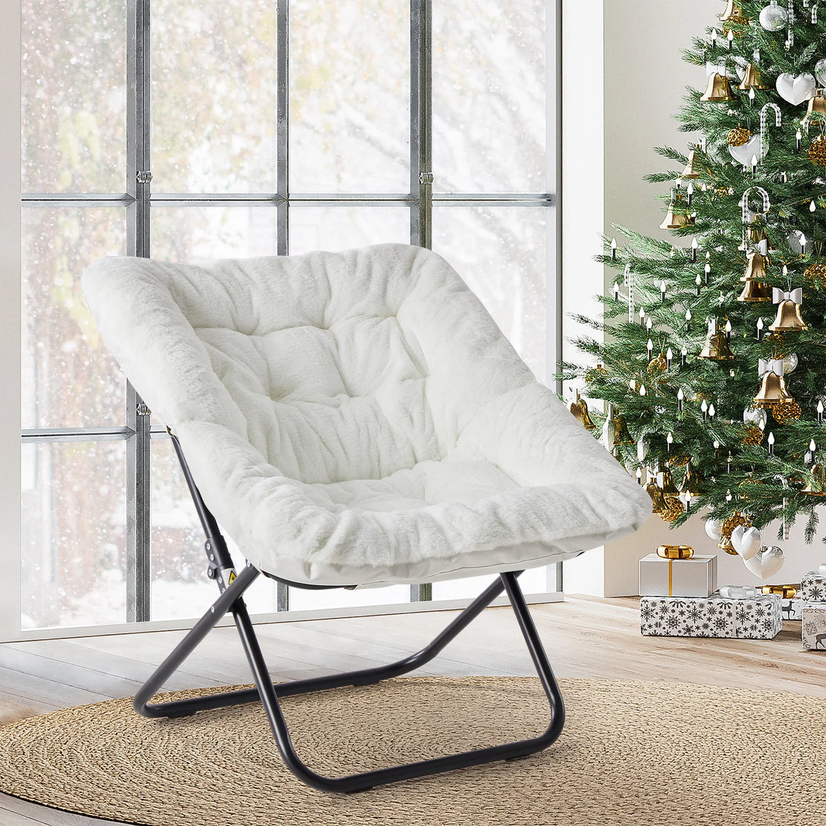 JHK Faux Fur Folding Saucer Lounge Chair With Metal Frame