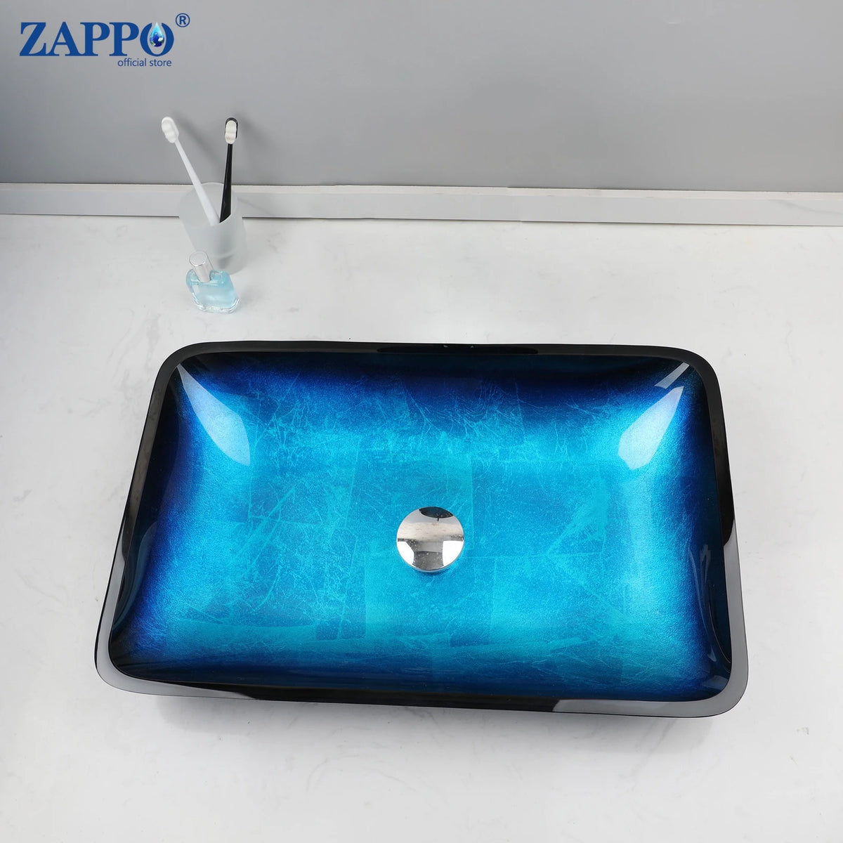 Mekkhala Oval Blue Tempered Glass Vessel Sink With Waterfall Faucet