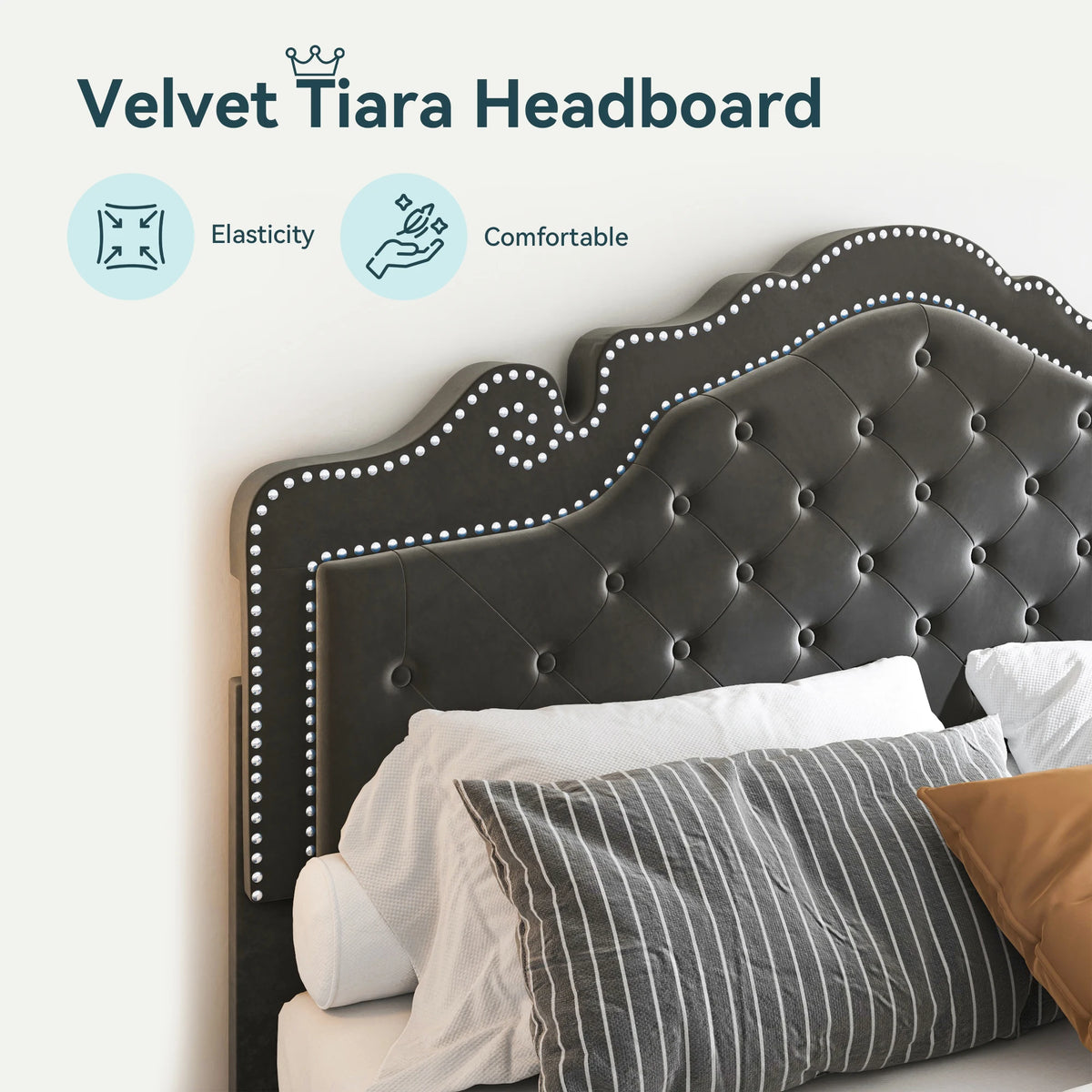 Hoomic Velvet Platform Bed Featuring Diamond Tufted Headboard And Storage