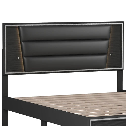 Queen Bed Upholstered 3 Piece Bedroom Set LED Lights Nightstands