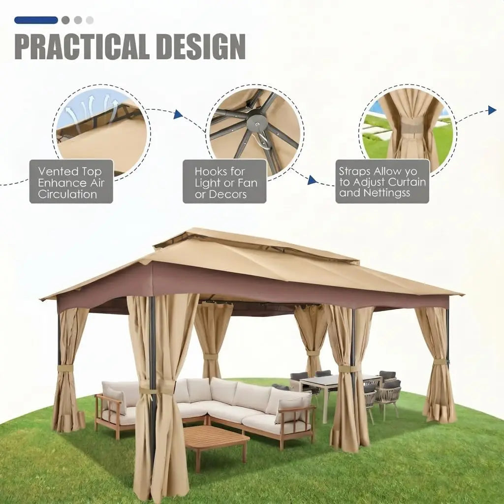 Tooluck Outdoor Gazebo With Curtains And Vented Double Roof Canopy