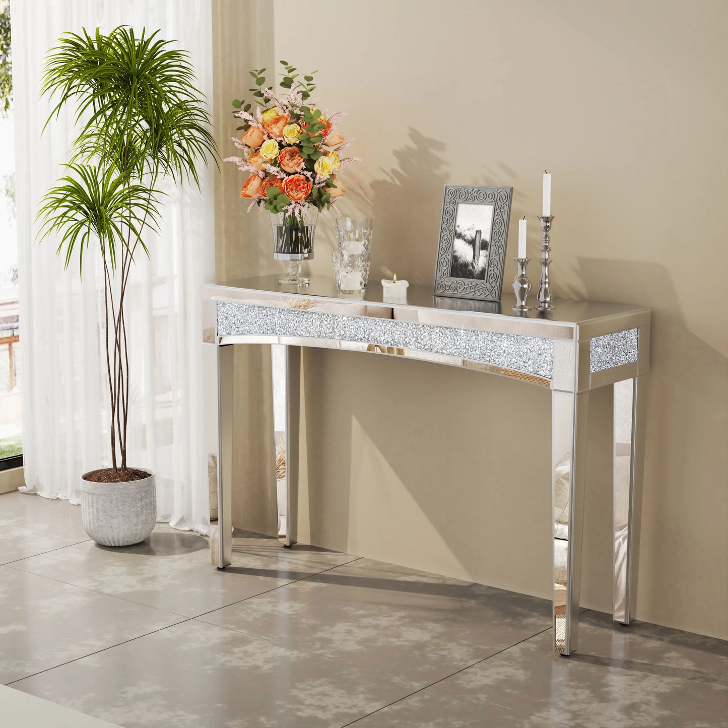 Mirrored Console Table With Crystal Inlay For Living Room Entryway