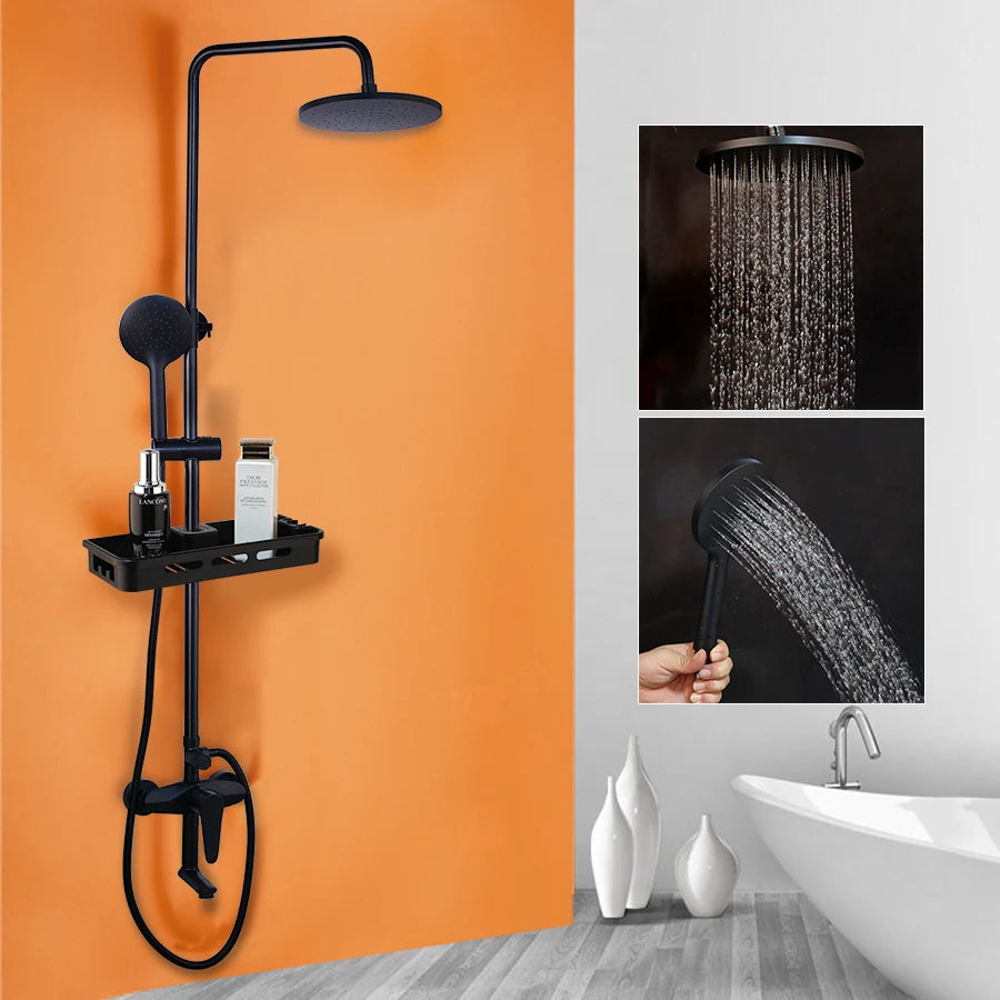 SINLAKU Bathroom Rainfall Shower Mixer Set With Storage Shelf