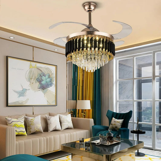 Crystal Ceiling Fan With LED Light And Retractable Blades Remote